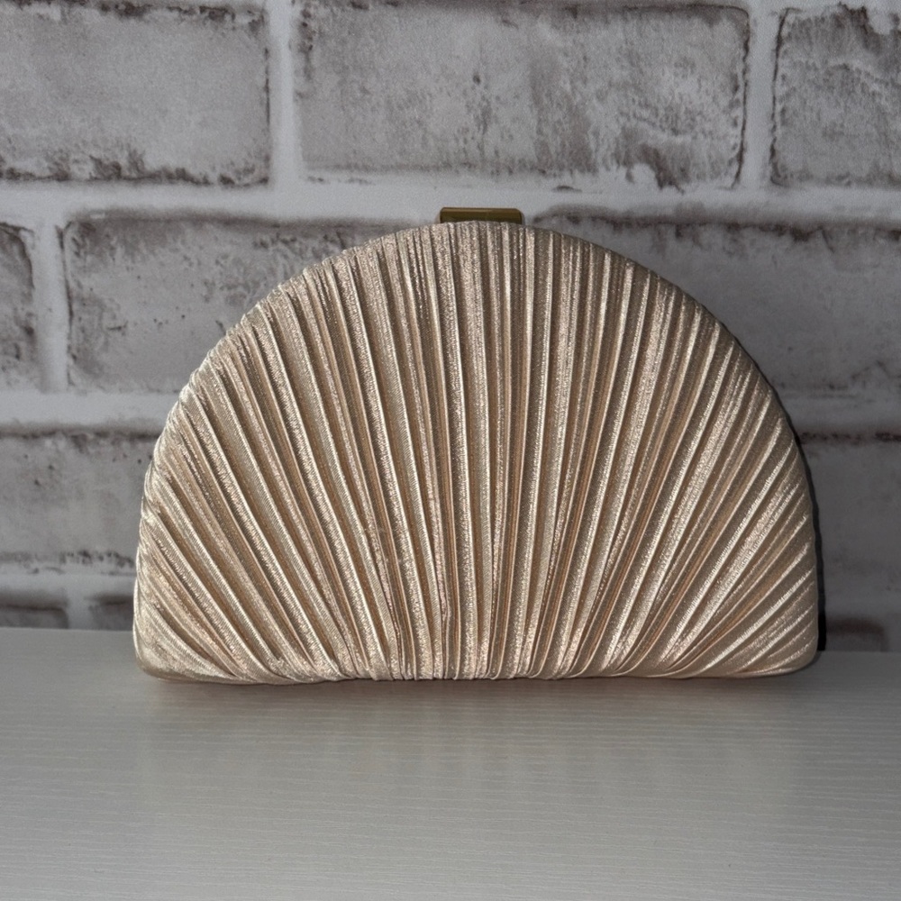 Lulu’s Elegant Satin Clamshell Cream Clutch and Shoulder Bag.